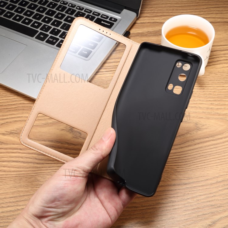 Dual Window Genuine Leather Cell Phone Cover with Stand for Honor 30 Pro - Brown-12
