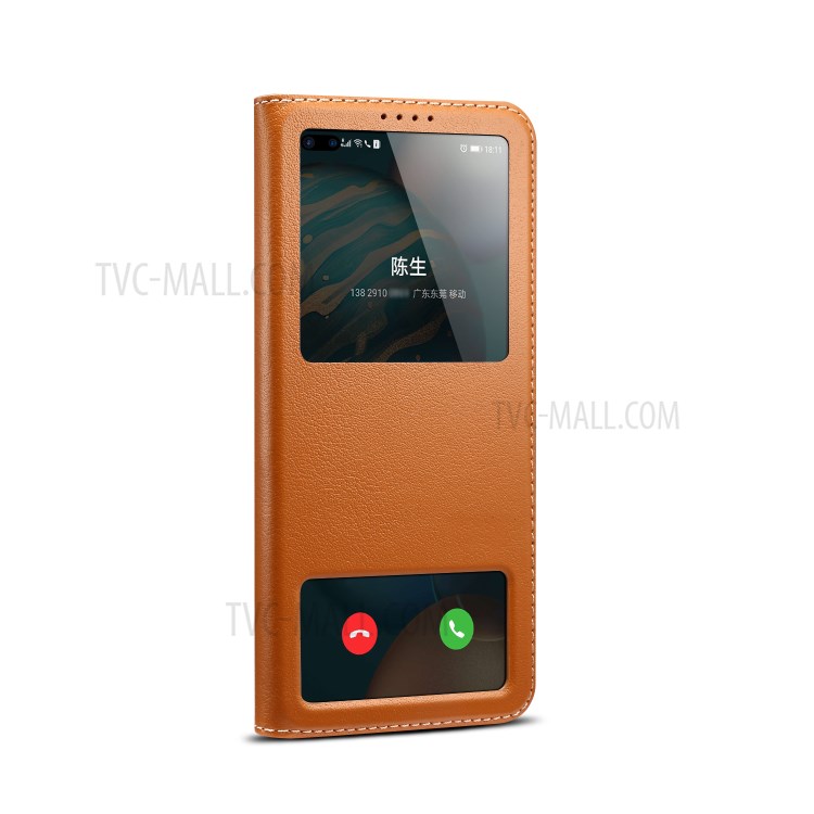Dual Window Genuine Leather Cell Phone Cover with Stand for Honor 30 Pro - Brown-13