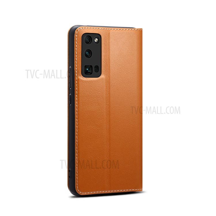 Dual Window Genuine Leather Cell Phone Cover with Stand for Honor 30 Pro - Brown-14