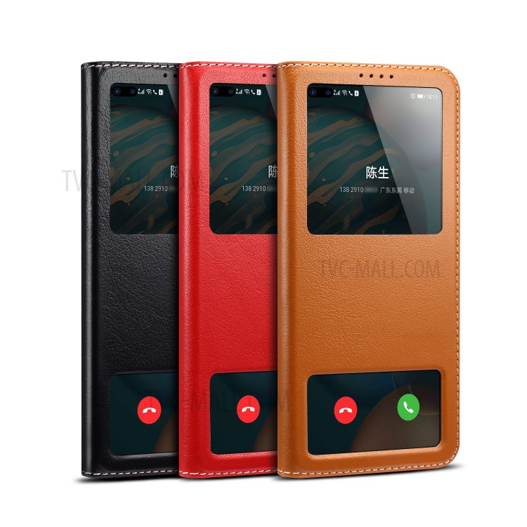 Dual Window Genuine Leather Cell Phone Cover with Stand for Honor 30 Pro - Brown-15