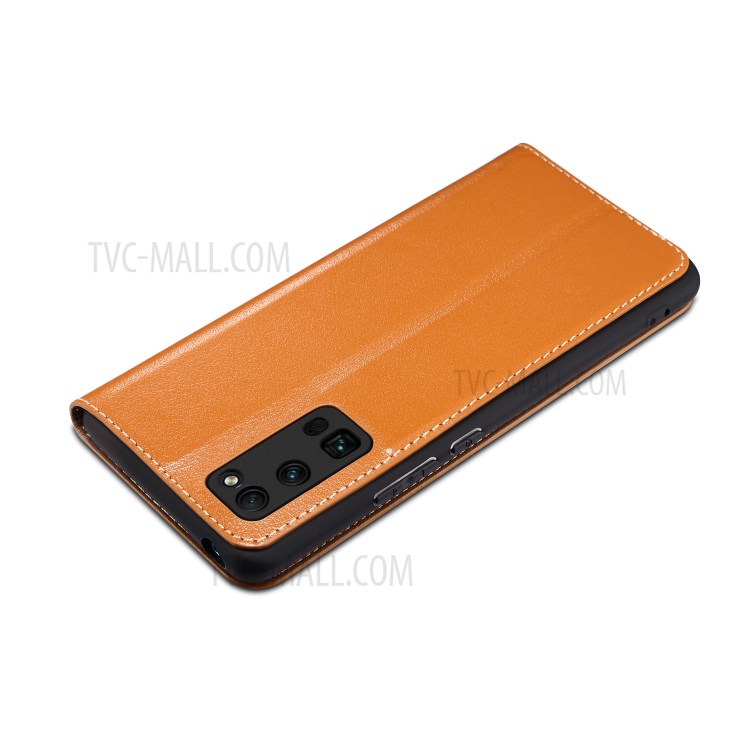 Dual Window Genuine Leather Cell Phone Cover with Stand for Honor 30 Pro - Brown-2