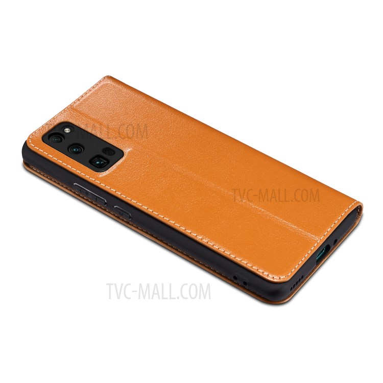 Dual Window Genuine Leather Cell Phone Cover with Stand for Honor 30 Pro - Brown-3