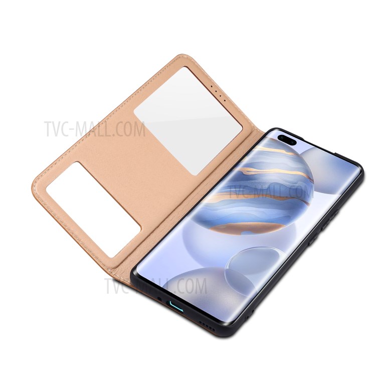 Dual Window Genuine Leather Cell Phone Cover with Stand for Honor 30 Pro - Brown-4