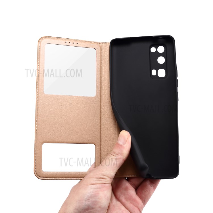 Dual Window Genuine Leather Cell Phone Cover with Stand for Honor 30 Pro - Brown-5