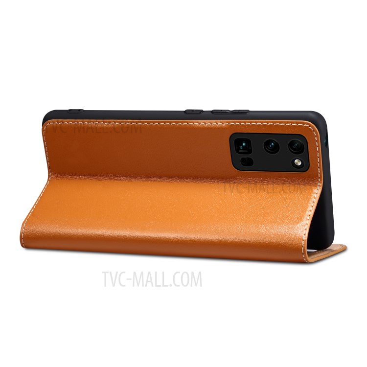 Dual Window Genuine Leather Cell Phone Cover with Stand for Honor 30 Pro - Brown-6