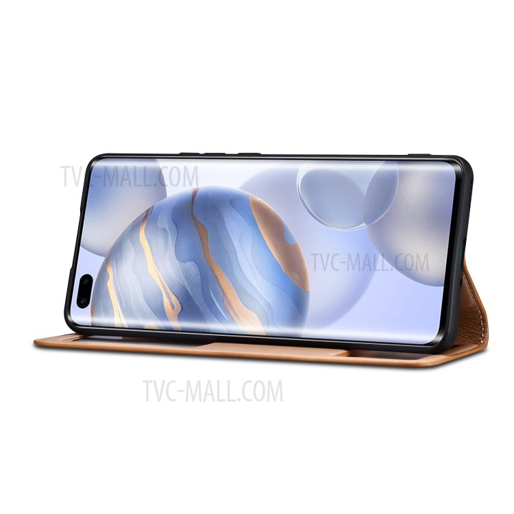 Dual Window Genuine Leather Cell Phone Cover with Stand for Honor 30 Pro - Brown-7