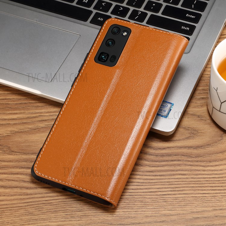 Dual Window Genuine Leather Cell Phone Cover with Stand for Honor 30 Pro - Brown-9