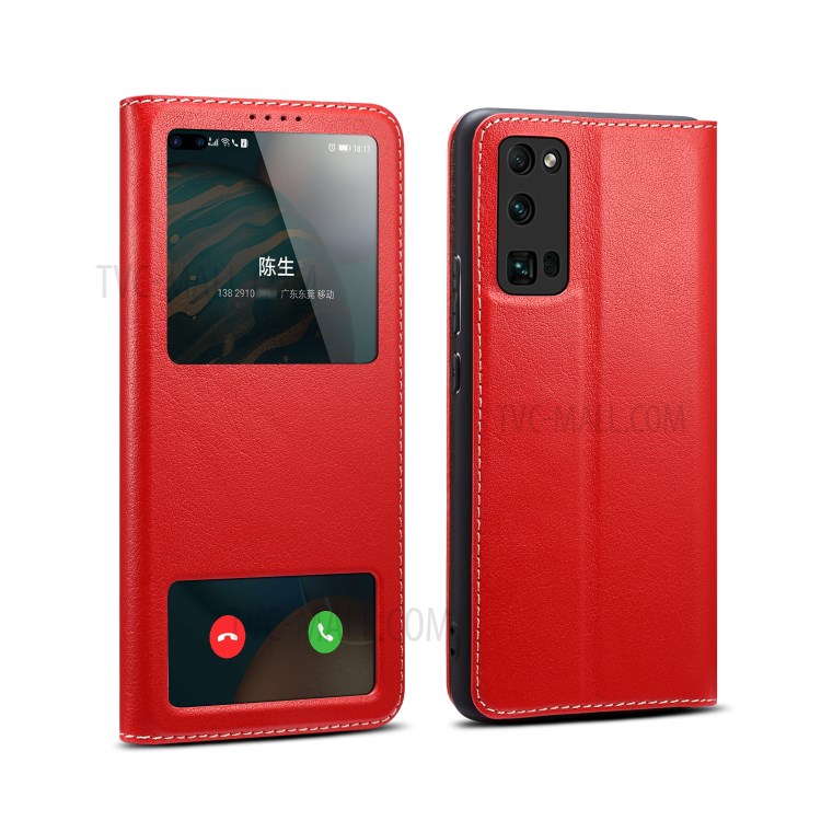 Dual Window Genuine Leather Cell Phone Cover with Stand for Honor 30 Pro - Red-1