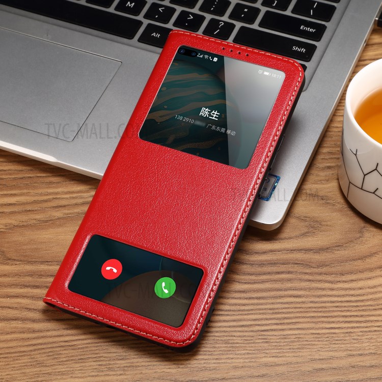 Dual Window Genuine Leather Cell Phone Cover with Stand for Honor 30 Pro - Red-2