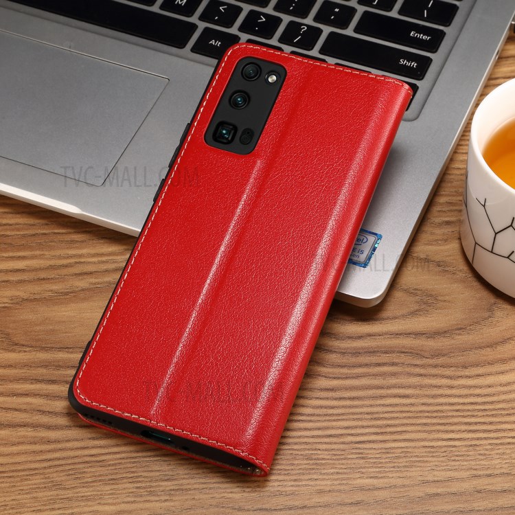 Dual Window Genuine Leather Cell Phone Cover with Stand for Honor 30 Pro - Red-3