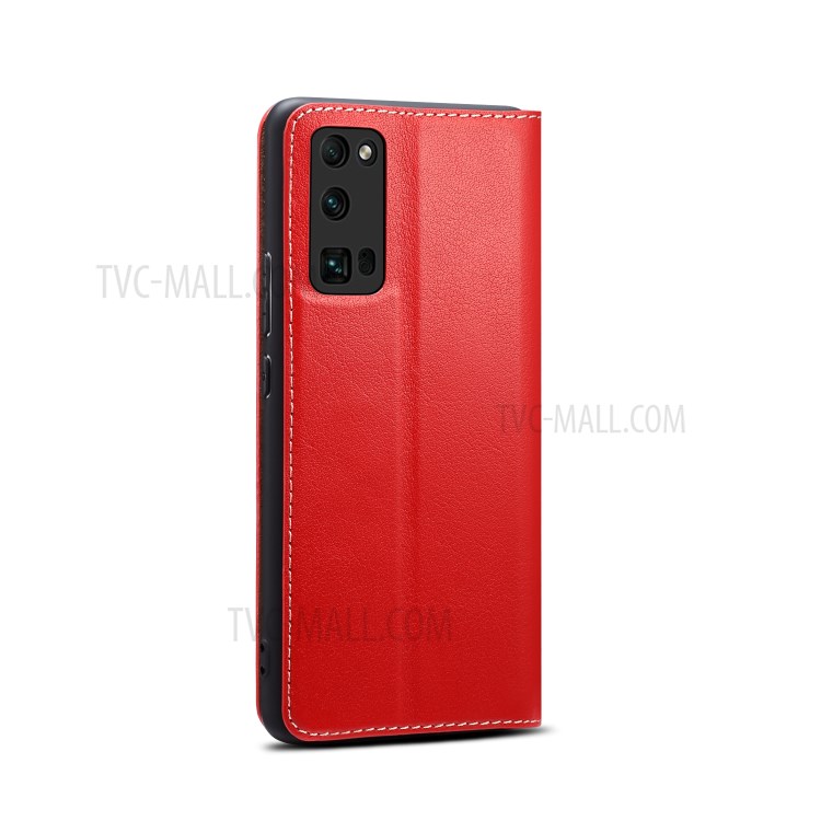 Dual Window Genuine Leather Cell Phone Cover with Stand for Honor 30 Pro - Red-5