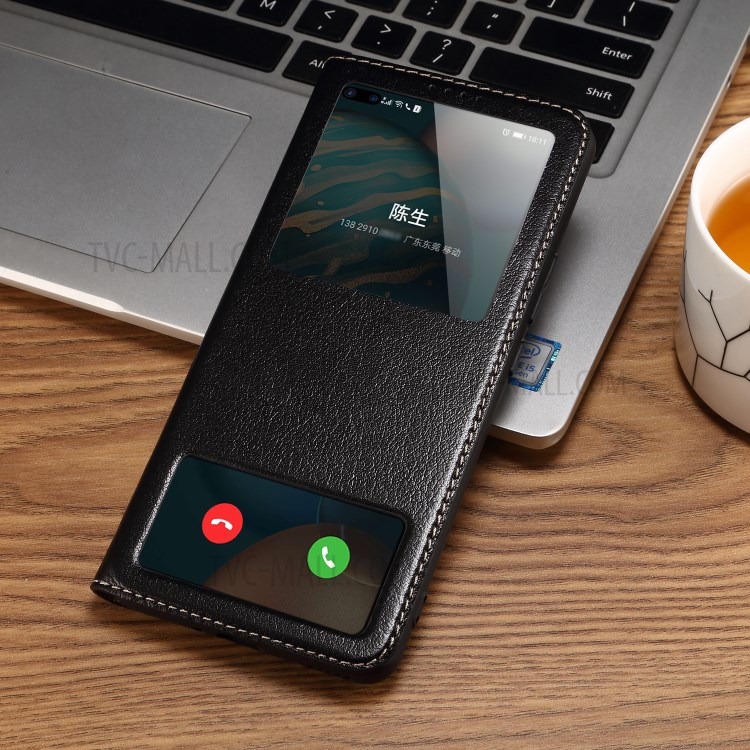 Dual Window Genuine Leather Cell Phone Cover with Stand for Honor 30 Pro - Black-2