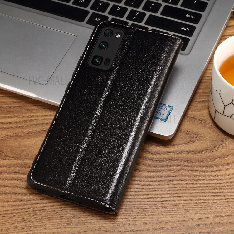 Dual Window Genuine Leather Cell Phone Cover with Stand for Honor 30 Pro - Black-3