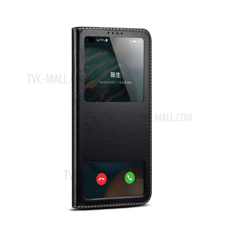 Dual Window Genuine Leather Cell Phone Cover with Stand for Honor 30 Pro - Black-4