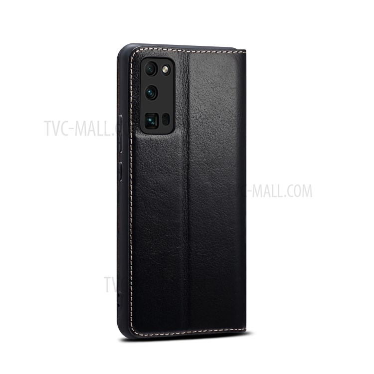 Dual Window Genuine Leather Cell Phone Cover with Stand for Honor 30 Pro - Black-5