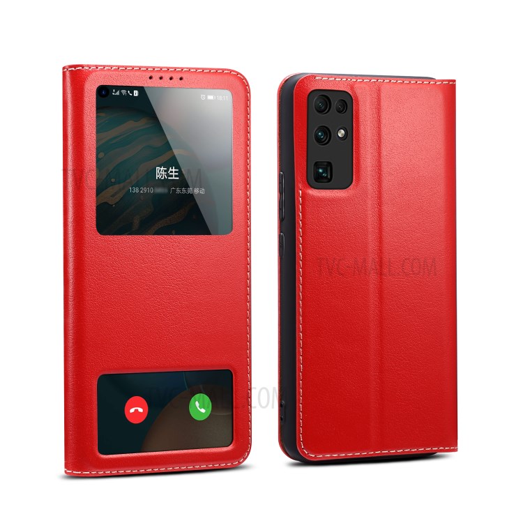 Dual Window Genuine Leather Phone Case Cover with Stand for Honor 30 - Red-1