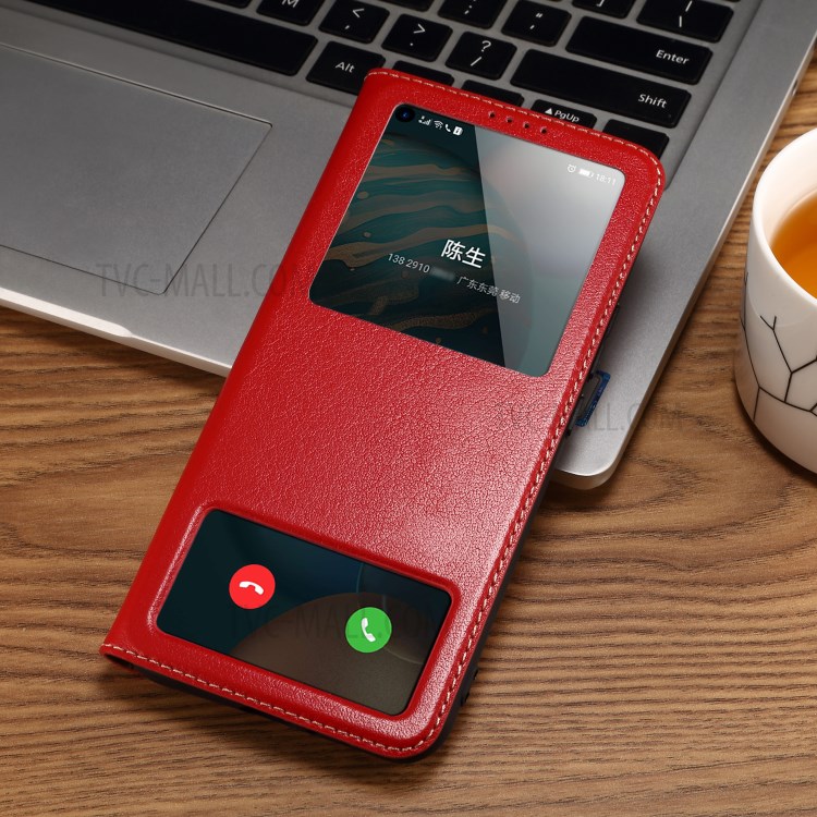 Dual Window Genuine Leather Phone Case Cover with Stand for Honor 30 - Red-2