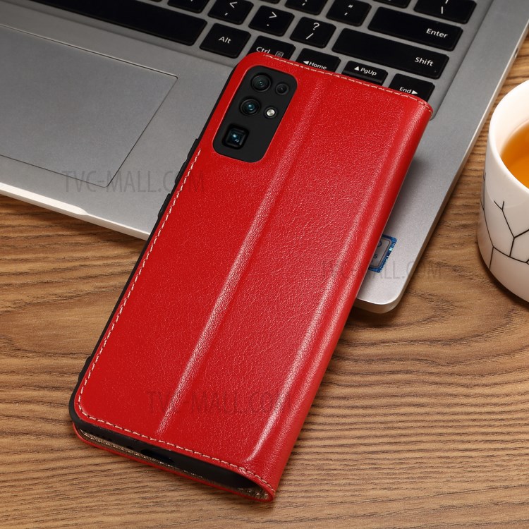 Dual Window Genuine Leather Phone Case Cover with Stand for Honor 30 - Red-3