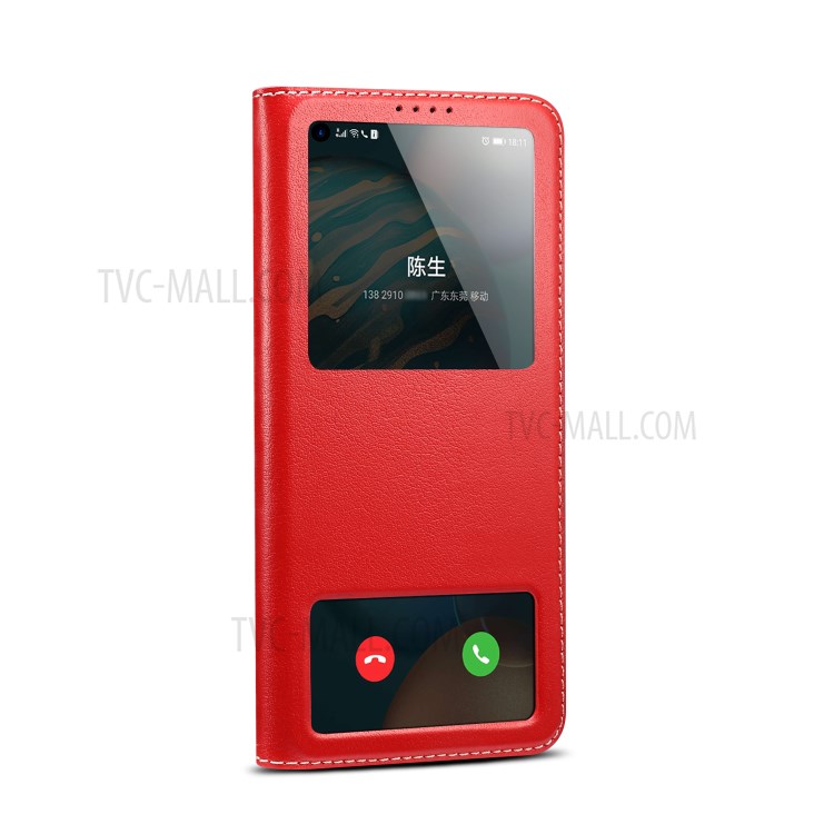 Dual Window Genuine Leather Phone Case Cover with Stand for Honor 30 - Red-4