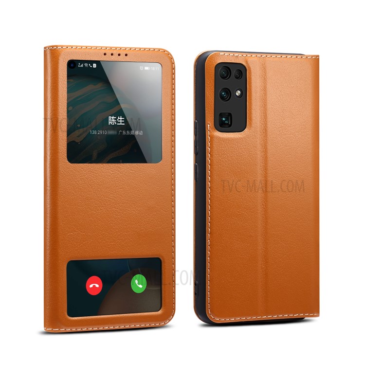 Dual Window Genuine Leather Phone Case Cover with Stand for Honor 30 - Brown-1