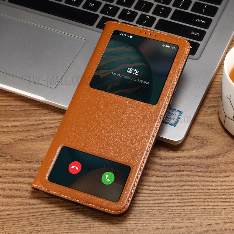 Dual Window Genuine Leather Phone Case Cover with Stand for Honor 30 - Brown-2