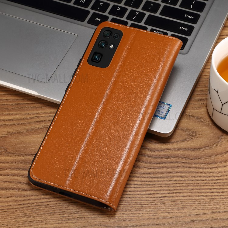 Dual Window Genuine Leather Phone Case Cover with Stand for Honor 30 - Brown-3