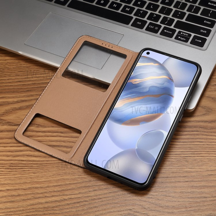 Dual Window Genuine Leather Phone Case Cover with Stand for Honor 30 - Brown-4