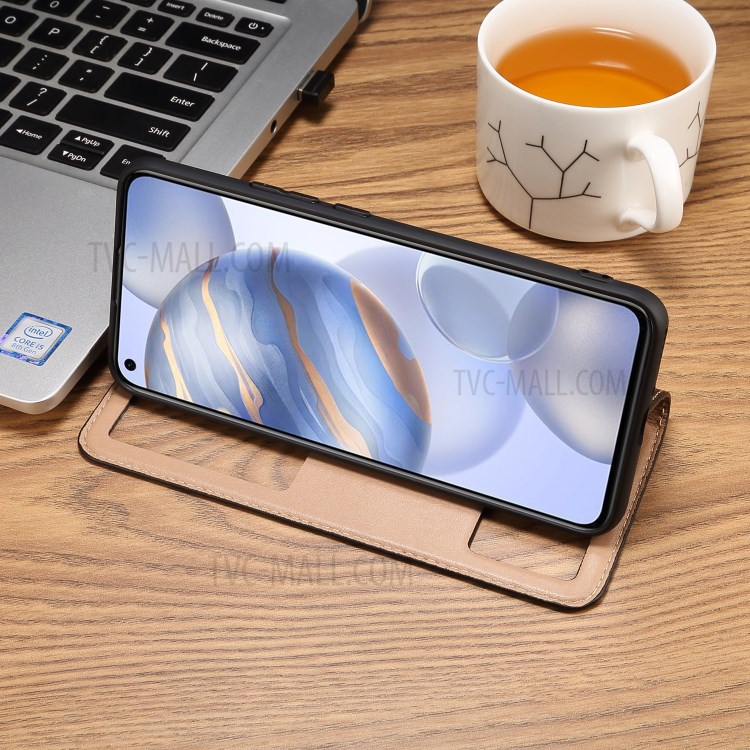 Dual Window Genuine Leather Phone Case Cover with Stand for Honor 30 - Brown-5
