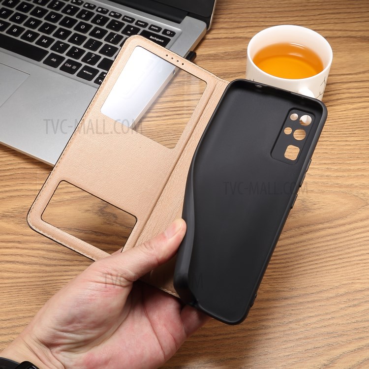 Dual Window Genuine Leather Phone Case Cover with Stand for Honor 30 - Brown-6