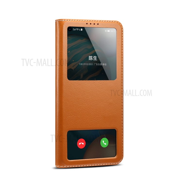Dual Window Genuine Leather Phone Case Cover with Stand for Honor 30 - Brown-7