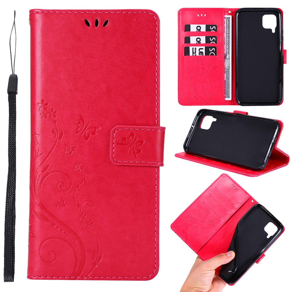 Imprint Butterfly Flower Leather Wallet Mobile Cover for Huawei P40 lite/nova 6 SE/Nova 7i - Red-1