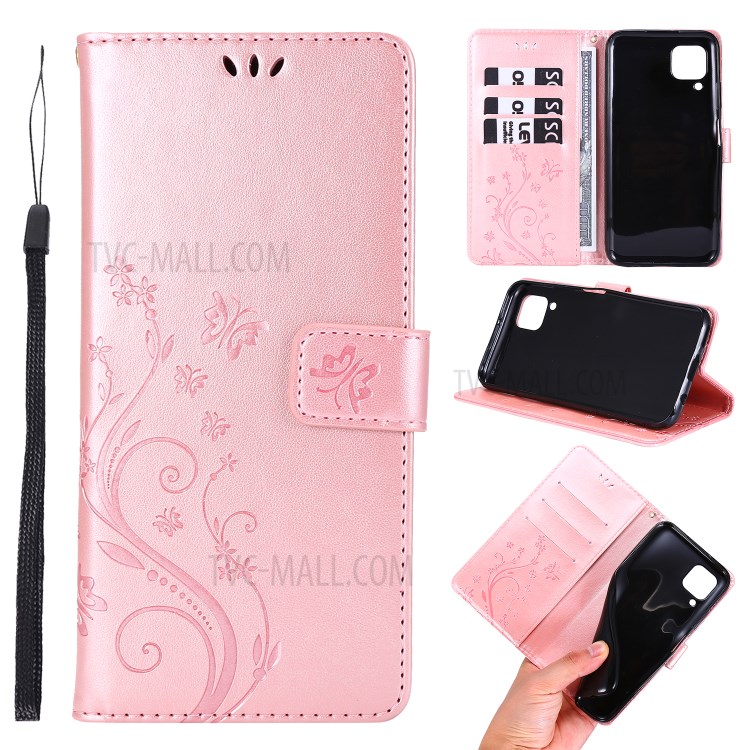 Imprint Butterfly Flower Leather Wallet Mobile Cover for Huawei P40 lite/nova 6 SE/Nova 7i - Pink-1
