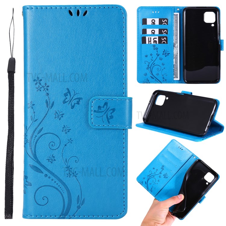 Imprint Butterfly Flower Leather Wallet Mobile Cover for Huawei P40 lite/nova 6 SE/Nova 7i - Blue-1
