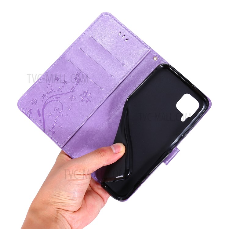 Imprint Butterfly Flower Leather Wallet Mobile Cover for Huawei P40 lite/nova 6 SE/Nova 7i - Light Purple-6