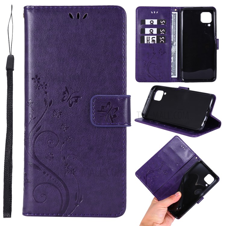 Imprint Butterfly Flower Leather Wallet Mobile Cover for Huawei P40 lite/nova 6 SE/Nova 7i - Dark Purple-1
