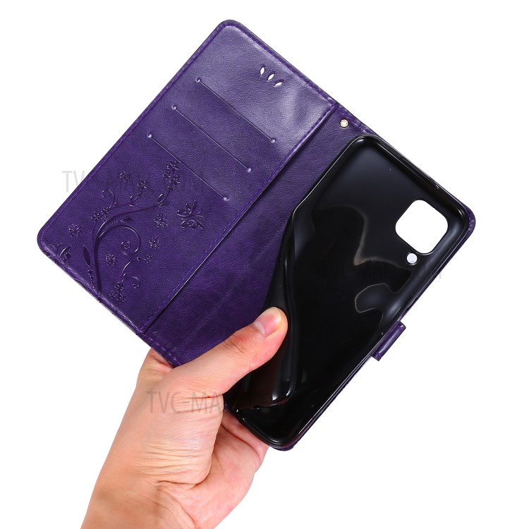Imprint Butterfly Flower Leather Wallet Mobile Cover for Huawei P40 lite/nova 6 SE/Nova 7i - Dark Purple-6