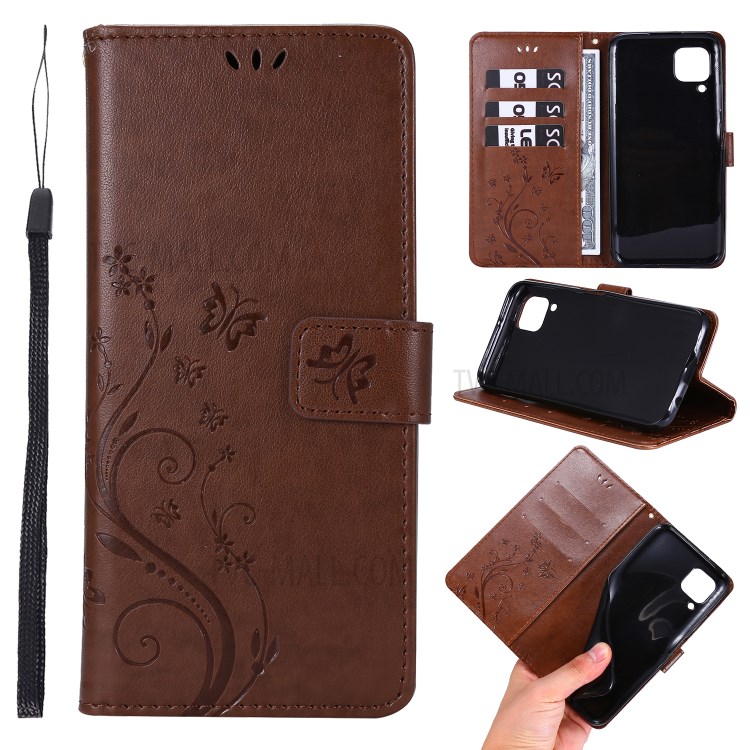 Imprint Butterfly Flower Leather Wallet Mobile Cover for Huawei P40 lite/nova 6 SE/Nova 7i - Brown-1
