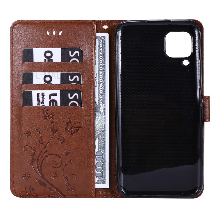 Imprint Butterfly Flower Leather Wallet Mobile Cover for Huawei P40 lite/nova 6 SE/Nova 7i - Brown-5