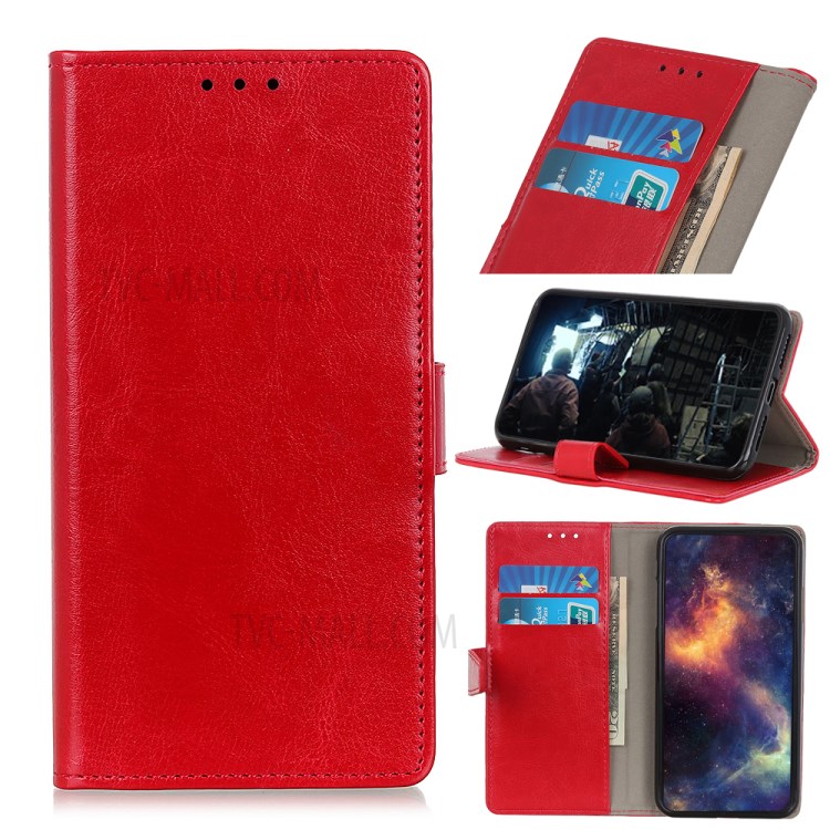 Crazy Horse Wallet Stand PU Leather Protector Shell for Honor 30 - Red-1