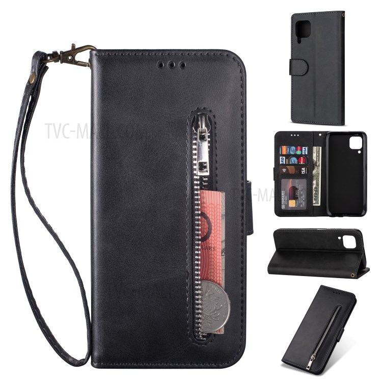 Zipper Pocket Wallet Stand Flip Leather Phone Case with Strap for Huawei P40 LITE/Nova 6 SE/Nova 7i - Black-1