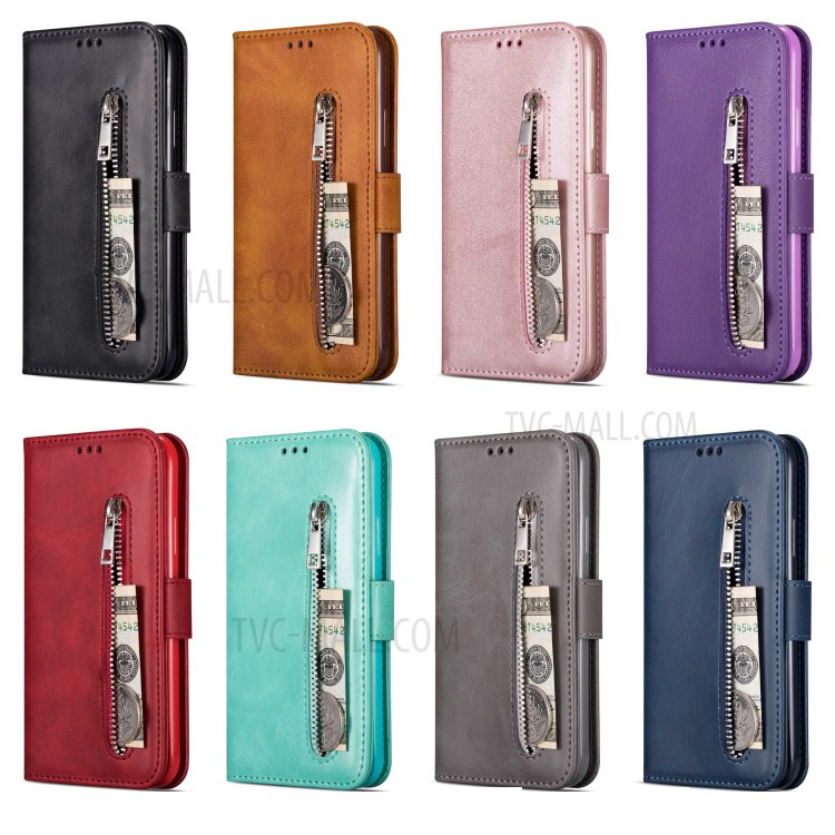 Zipper Pocket Wallet Stand Flip Leather Phone Case with Strap for Huawei P40 LITE/Nova 6 SE/Nova 7i - Black-7