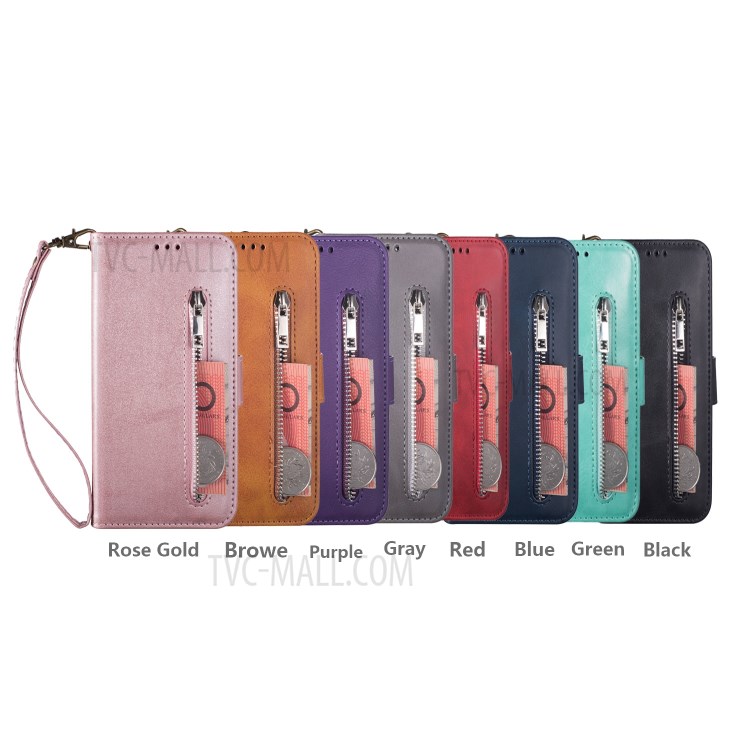 Zipper Pocket Wallet Stand Flip Leather Phone Case with Strap for Huawei P40 LITE/Nova 6 SE/Nova 7i - Black-8