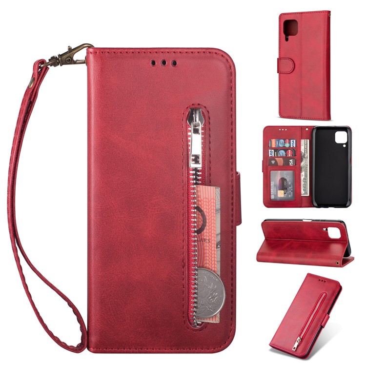 Zipper Pocket Wallet Stand Flip Leather Phone Case with Strap for Huawei P40 LITE/Nova 6 SE/Nova 7i - Red-1