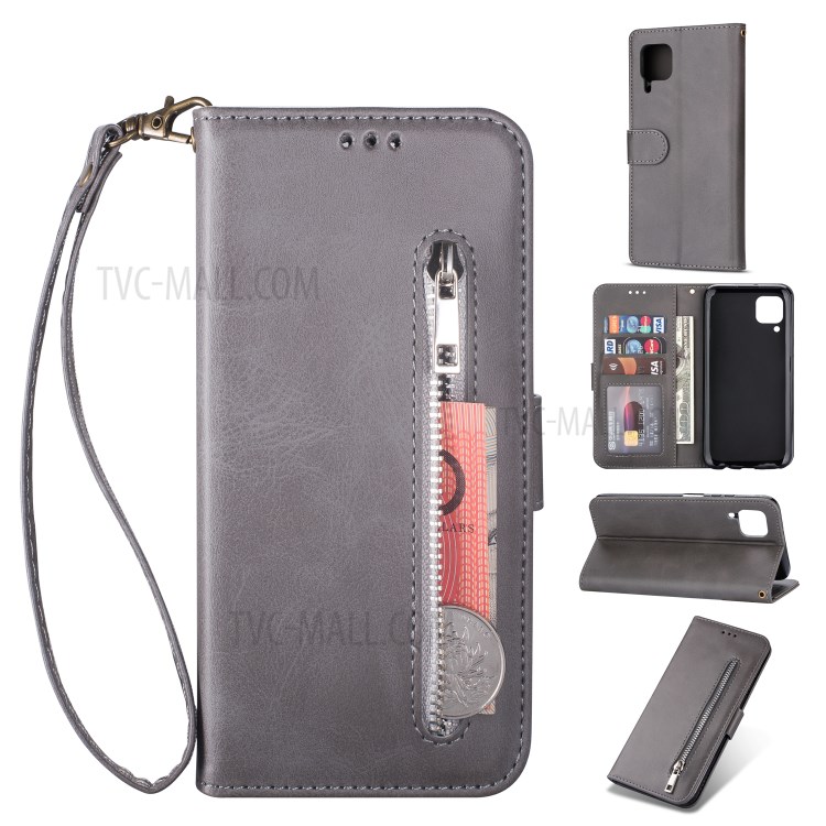 Zipper Pocket Wallet Stand Flip Leather Phone Case with Strap for Huawei P40 LITE/Nova 6 SE/Nova 7i - Grey-1