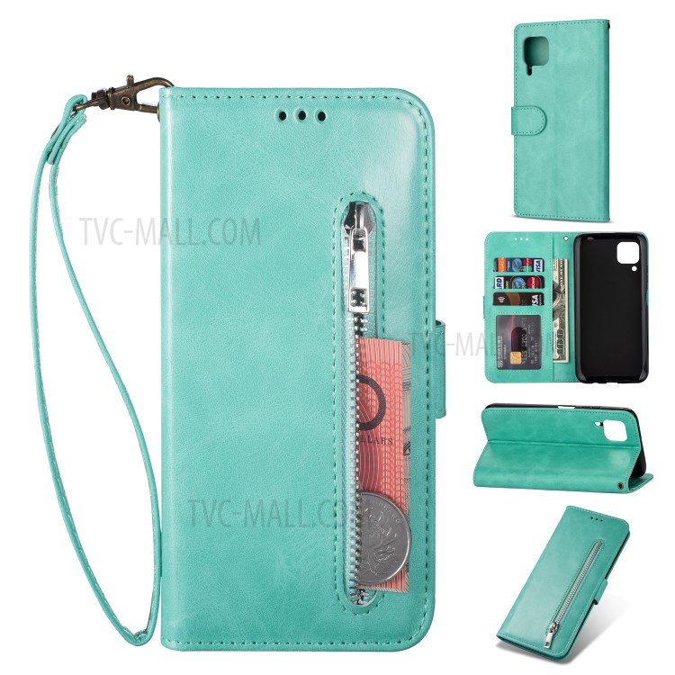 Zipper Pocket Wallet Stand Flip Leather Phone Case with Strap for Huawei P40 LITE/Nova 6 SE/Nova 7i - Green-1