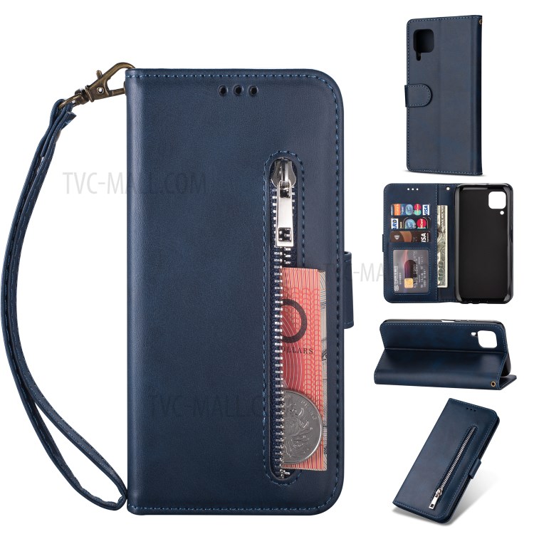Zipper Pocket Wallet Stand Flip Leather Phone Case with Strap for Huawei P40 LITE/Nova 6 SE/Nova 7i - Blue-1