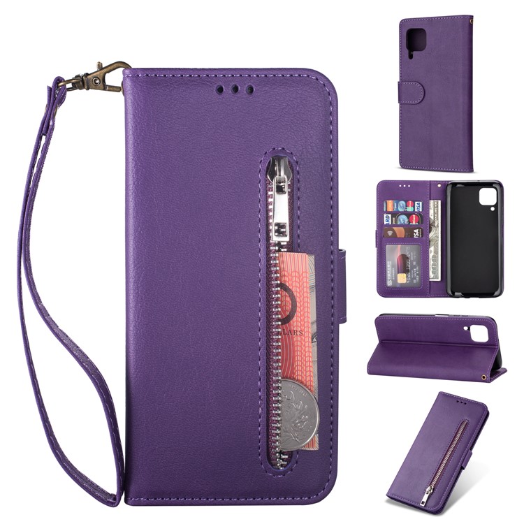Zipper Pocket Wallet Stand Flip Leather Phone Case with Strap for Huawei P40 LITE/Nova 6 SE/Nova 7i - Purple-1