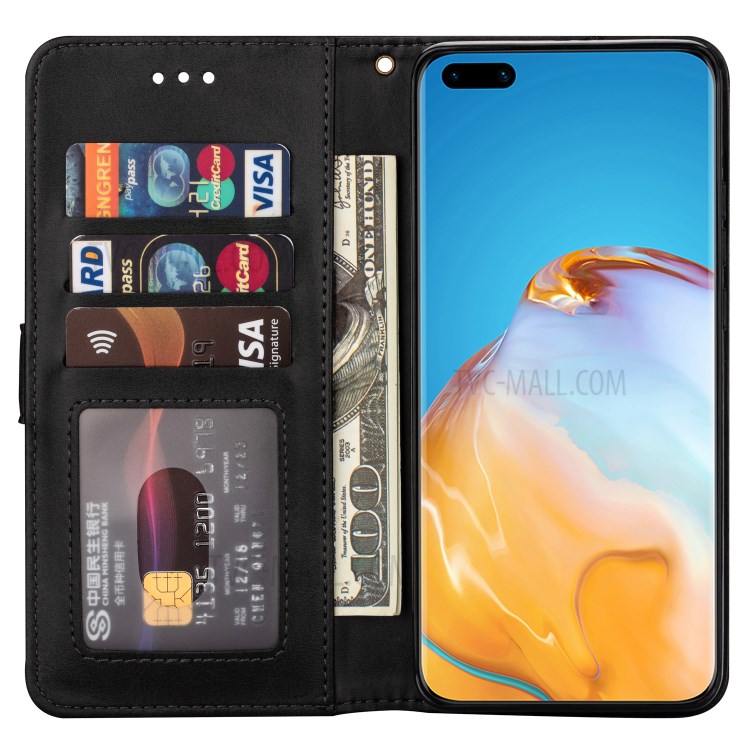 Zipper Pocket Wallet Stand Flip Leather Phone Casing with Strap for Huawei P40 - Black-4