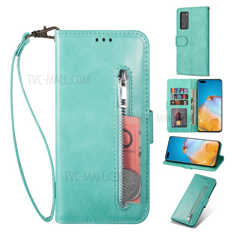 Zipper Pocket Wallet Stand Flip Leather Phone Casing with Strap for Huawei P40 - Green-1