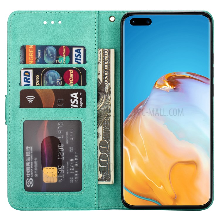 Zipper Pocket Wallet Stand Flip Leather Phone Casing with Strap for Huawei P40 - Green-4